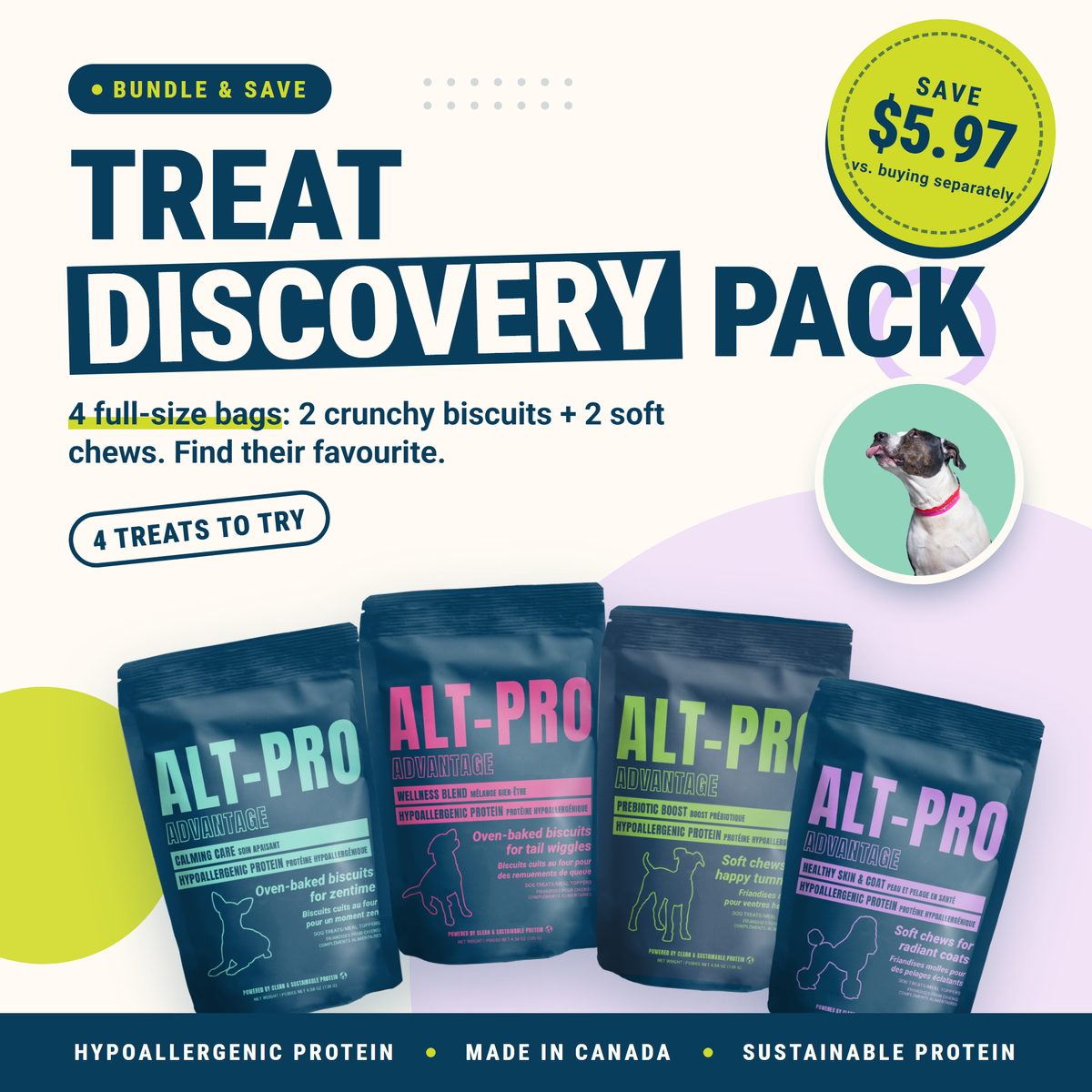 Treat Discovery Pack: Calming Care, Wellness Blend, Prebiotic Boost and Healthy Skin & Coat treats, save $5.97